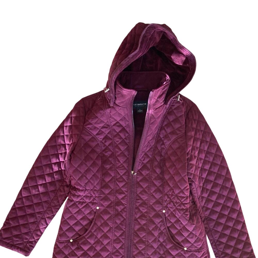 Women's Liz Claiborne XL Quilted Coat Removeable Hood Burgundy